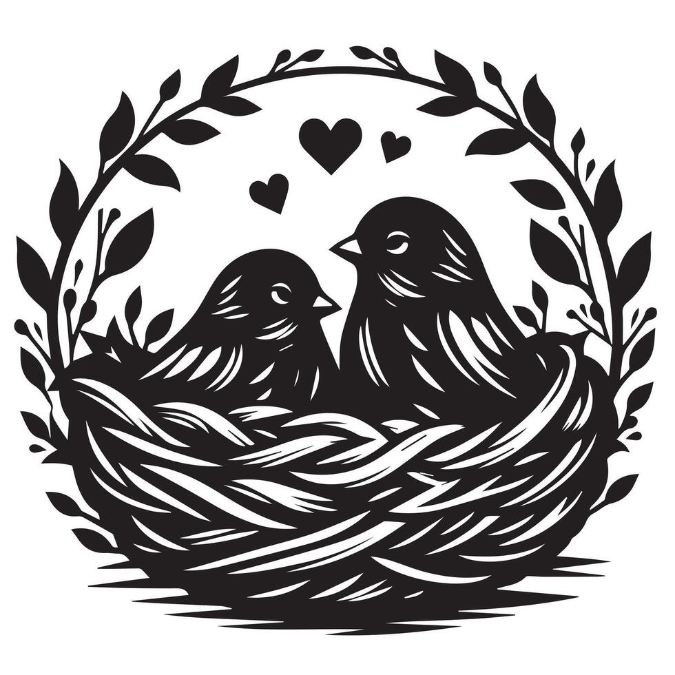 Two birds in the nest with hearts vector