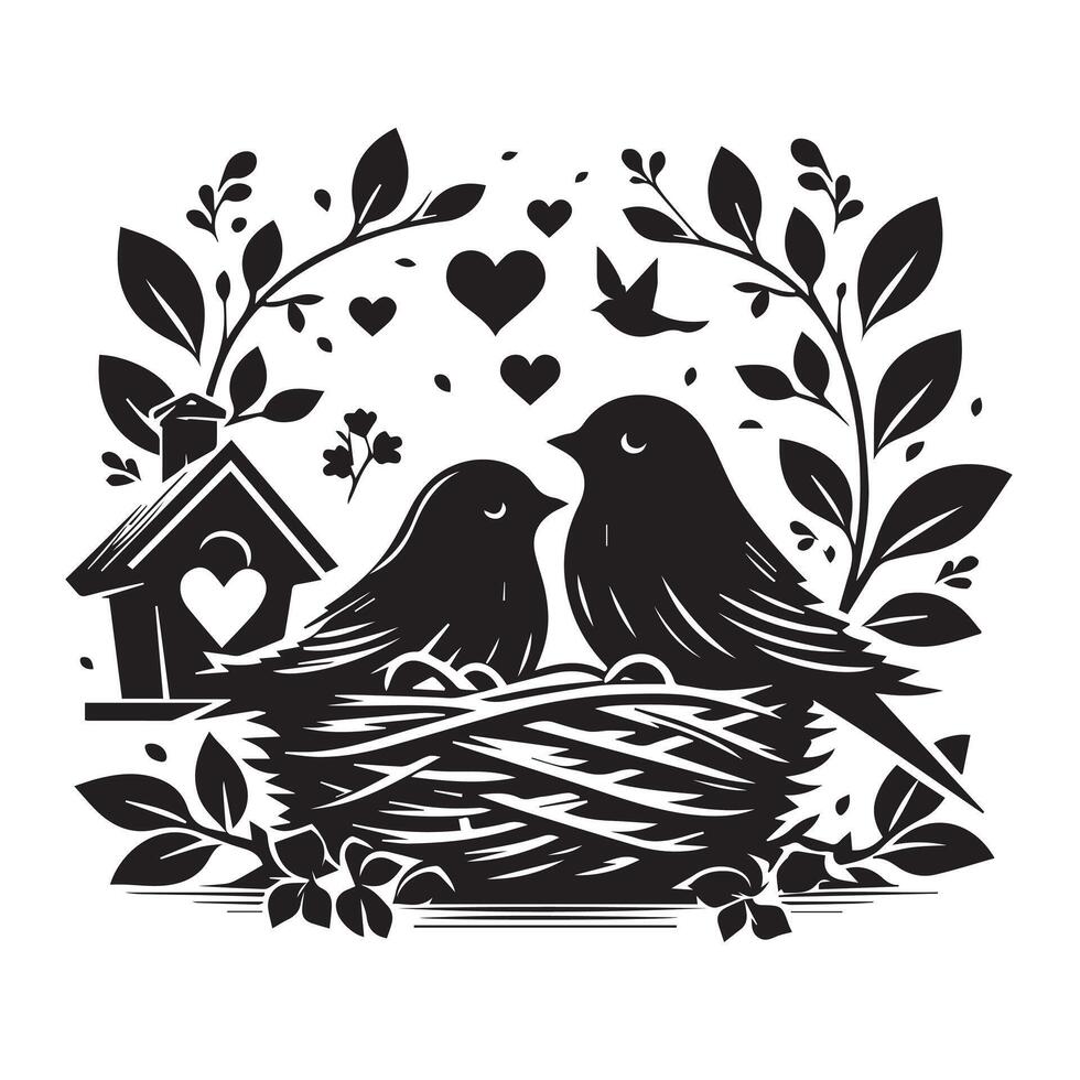 Two birds in a nest with hearts and flowers vector
