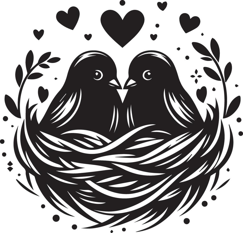 Two birds in the nest with hearts and leaves vector