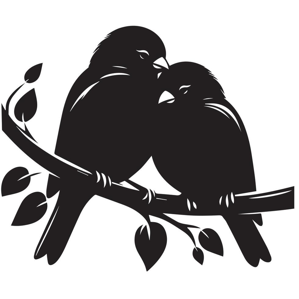 Two birds sitting on a branch with leaves vector