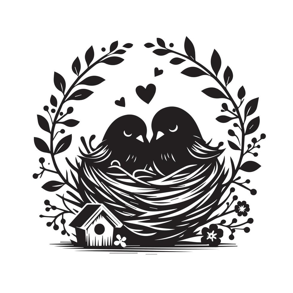 Two birds in the nest with hearts and flowers vector