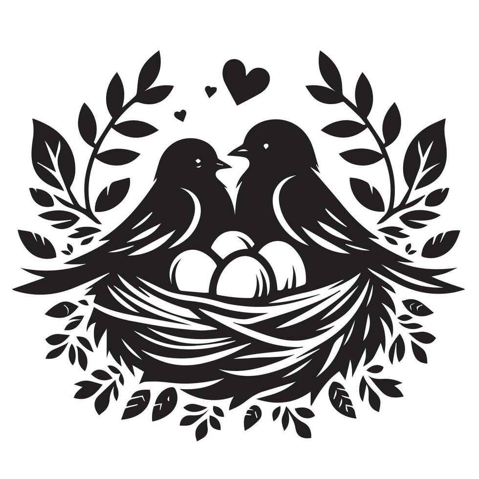 Two birds in a nest with eggs and hearts vector