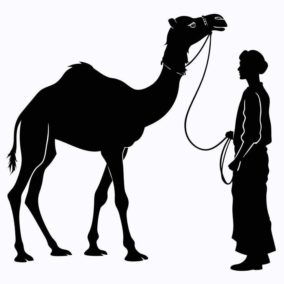 Silhouette of a Camel and its Handler a Simple Black and White Illustration vector
