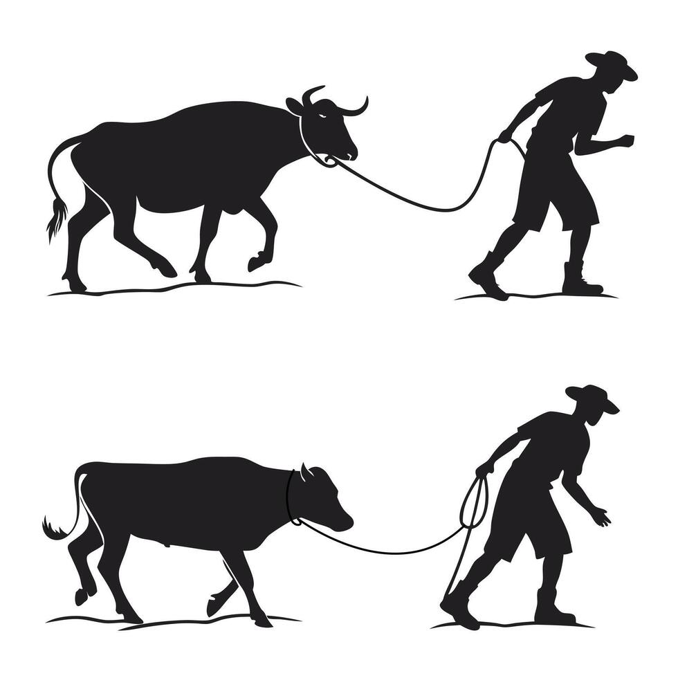 Silhouette of Farmers Leading Water Buffaloes vector