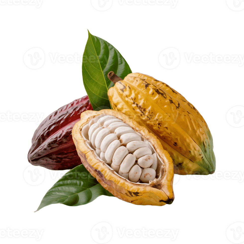 Cocoa Pods and Cacao Beans with Green Leaves png