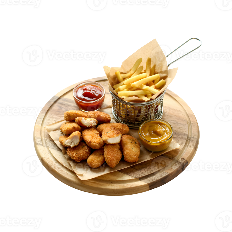 Chicken Nuggets and Fries Served with Dips on a Wooden Platter png