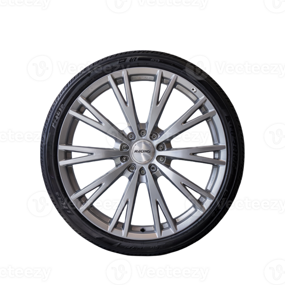 Precision in Motion Sleek Alloy Wheel with Treaded Tire and Polished Silver Finish png