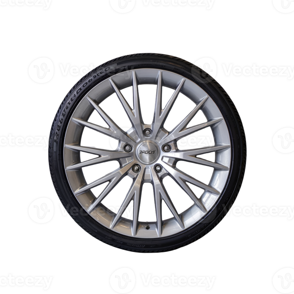 Sleek Alloy Wheel with Treaded Tire and Polished Silver Finish png