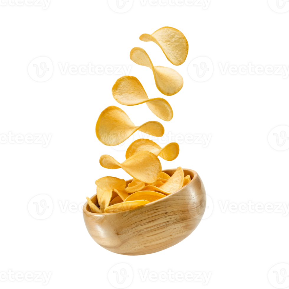 Golden Potato Chips Floating Above a Glossy Wooden Bowl png