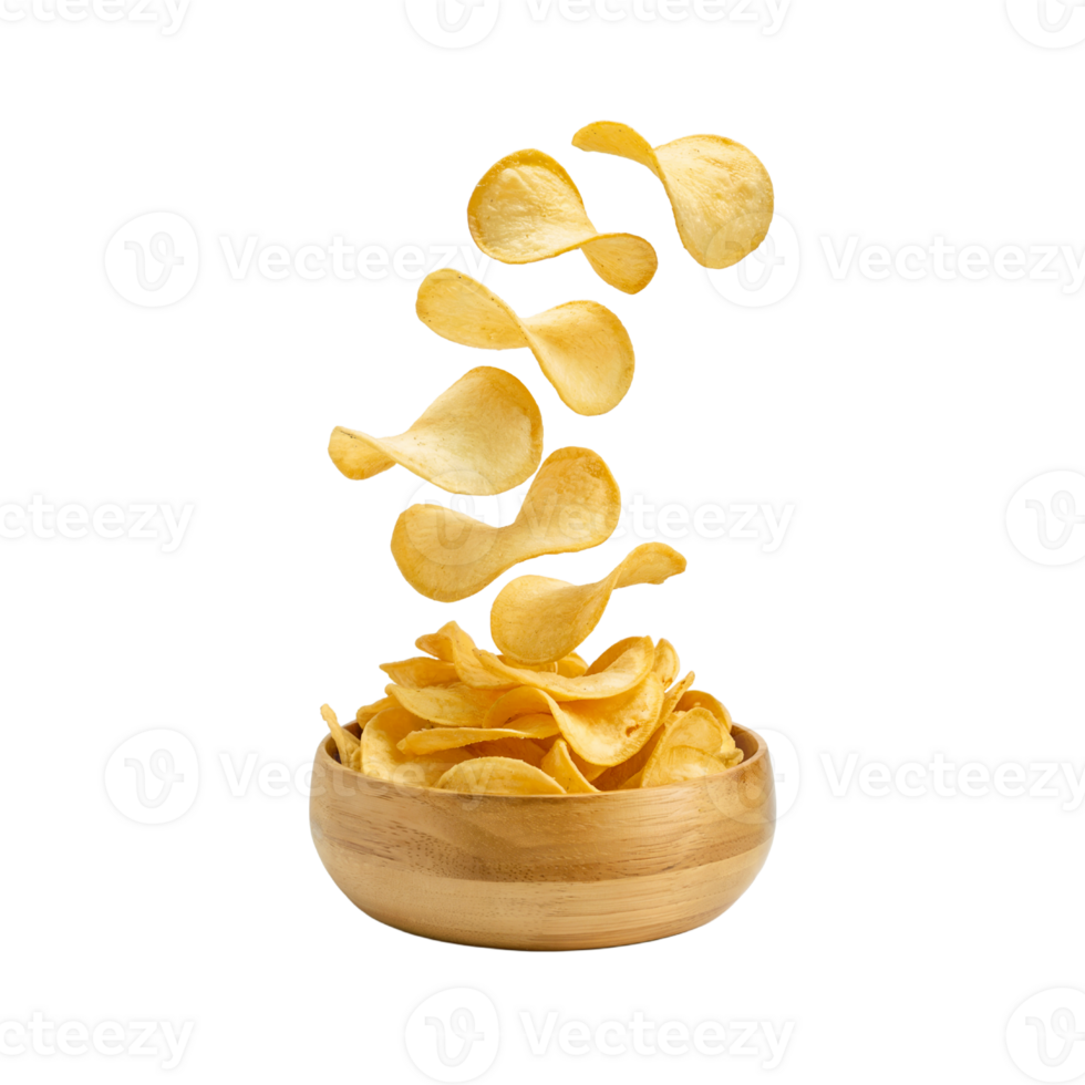 Potato Chips Floating Above a Glossy Wooden Bowl png