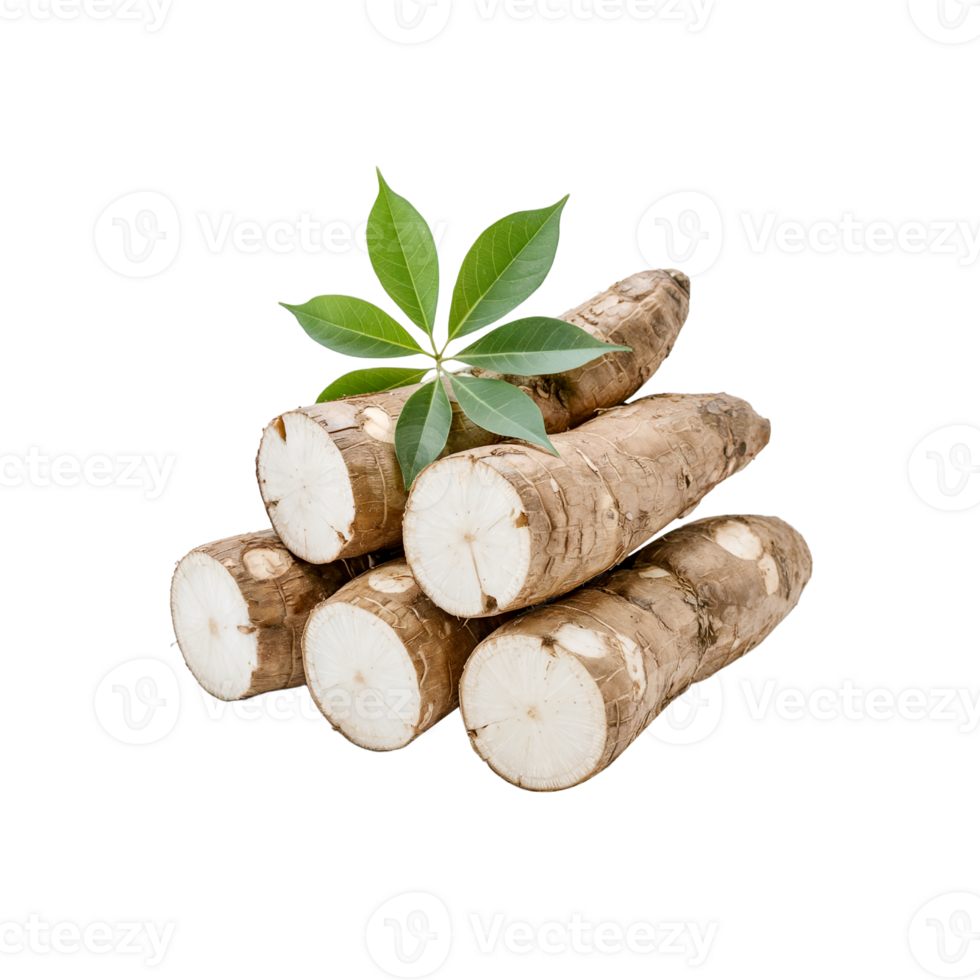 Fresh Stack of Yams and Cassava with Green Leaves png