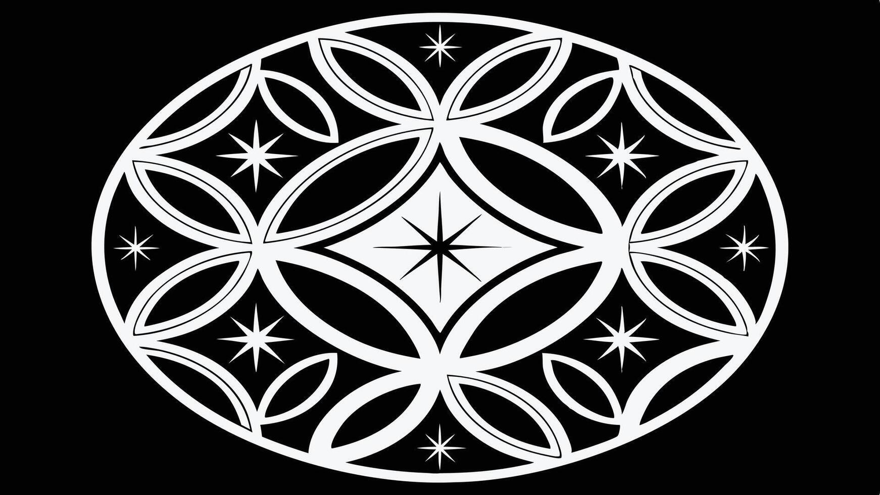 Black and white oval design with stars, abstract geometric pattern, decorative illustration vector