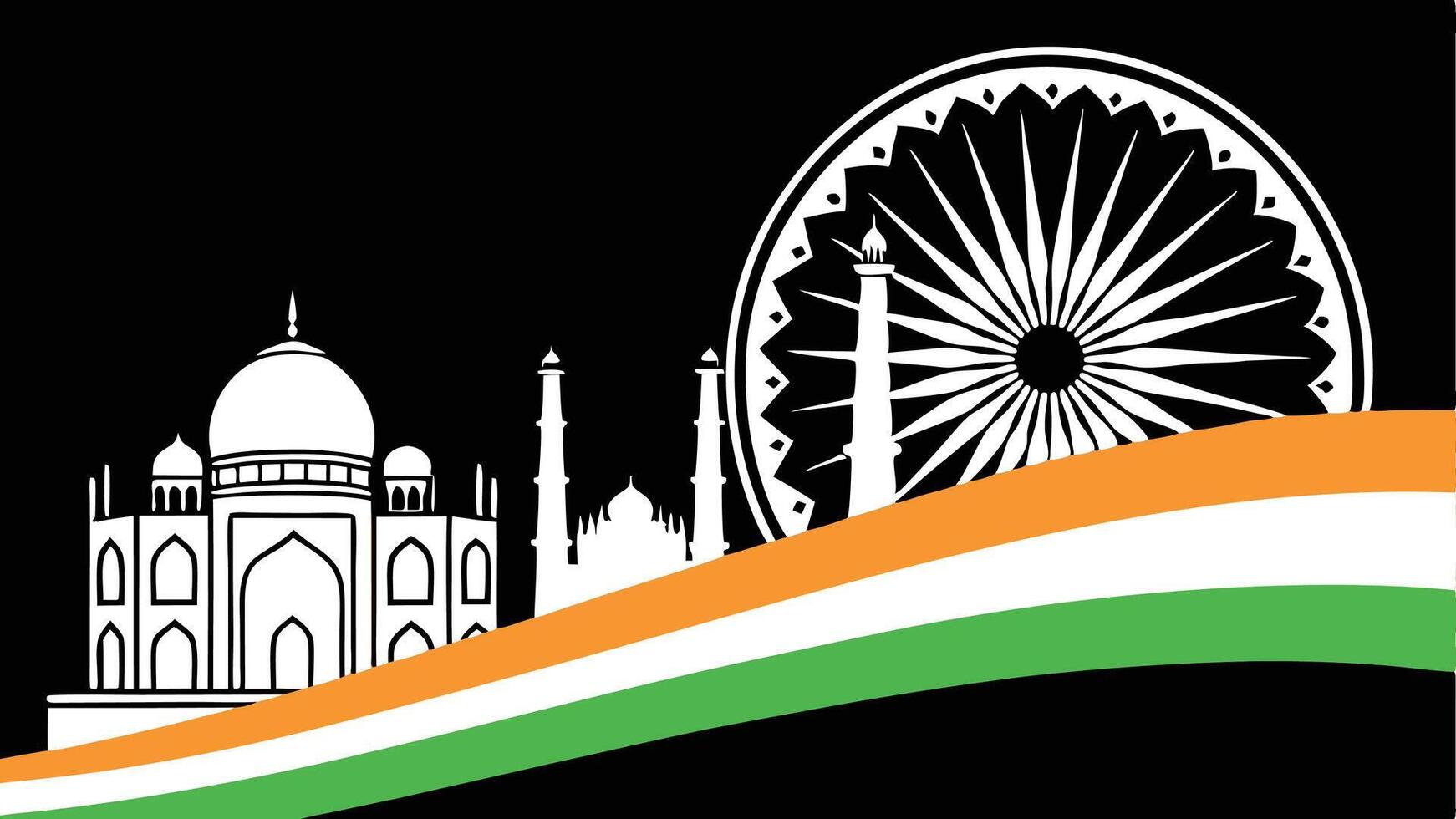 India Landmark Skyline Illustration Vibrant Travel Poster Design Featuring Iconic Architecture Ferris Wheel and Airplane Silhouette Ideal for Tourism Travel Agencies and Cultural Publications vector