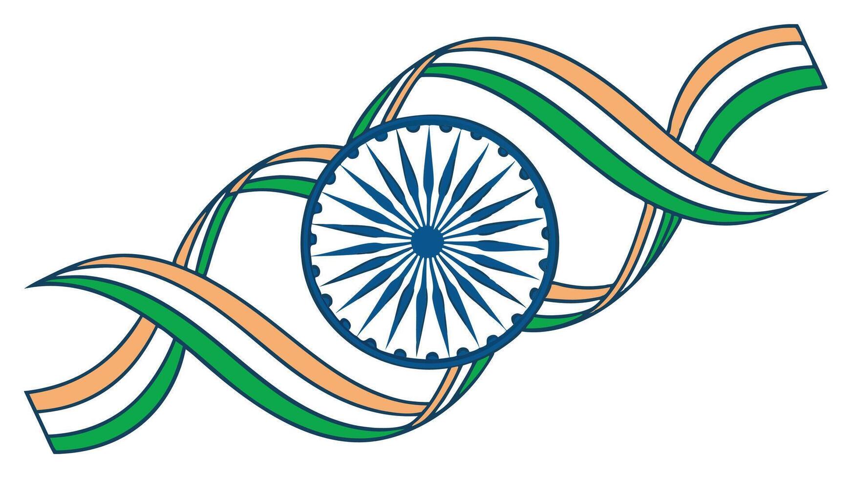 Abstract swirling ribbons in saffron, white, and green with Ashoka Chakra, symbolizing Indian culture and national pride., Patriotic design featuring flowing tricolor bands and the blue Ashoka Wheel vector