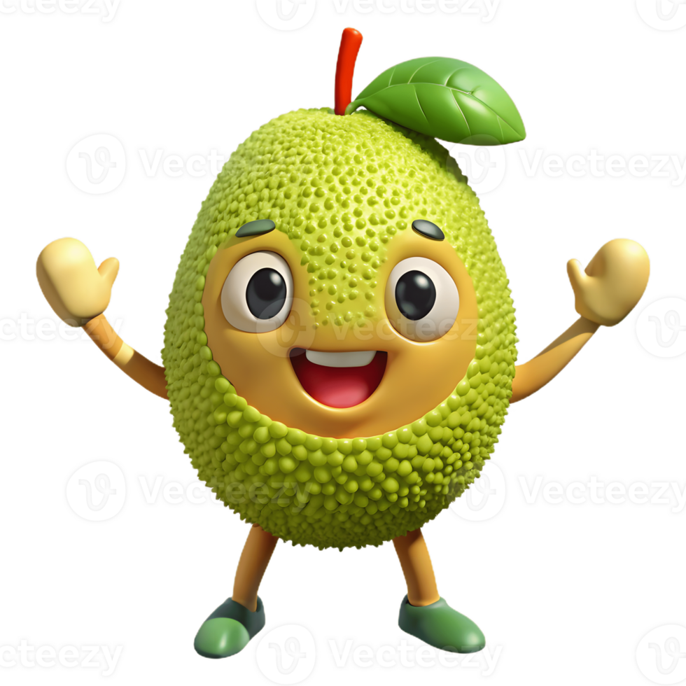 3D Cartoon jackfruit Character with smiling Expression, Funny Animated Style Isolated on Transparent Background png