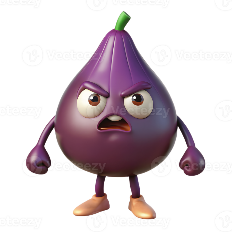 3D Cartoon Fig Character with Angry Expression, Funny Animated Style Isolated on Transparent Background png