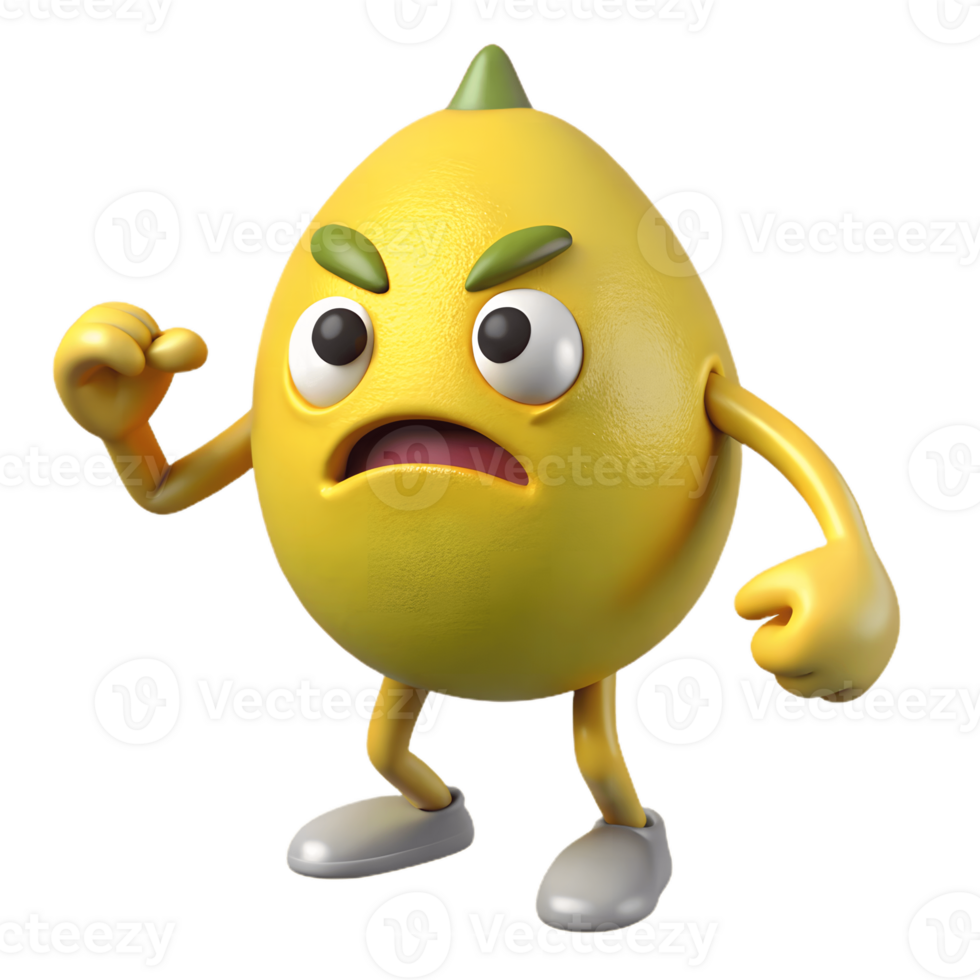 3D Cartoon lemon Character with Angry Expression, Funny Animated Style Isolated on Transparent Background png