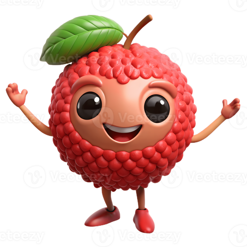 3D Cartoon litchi Character with smiling Expression, Funny Animated Style Isolated on Transparent Background png
