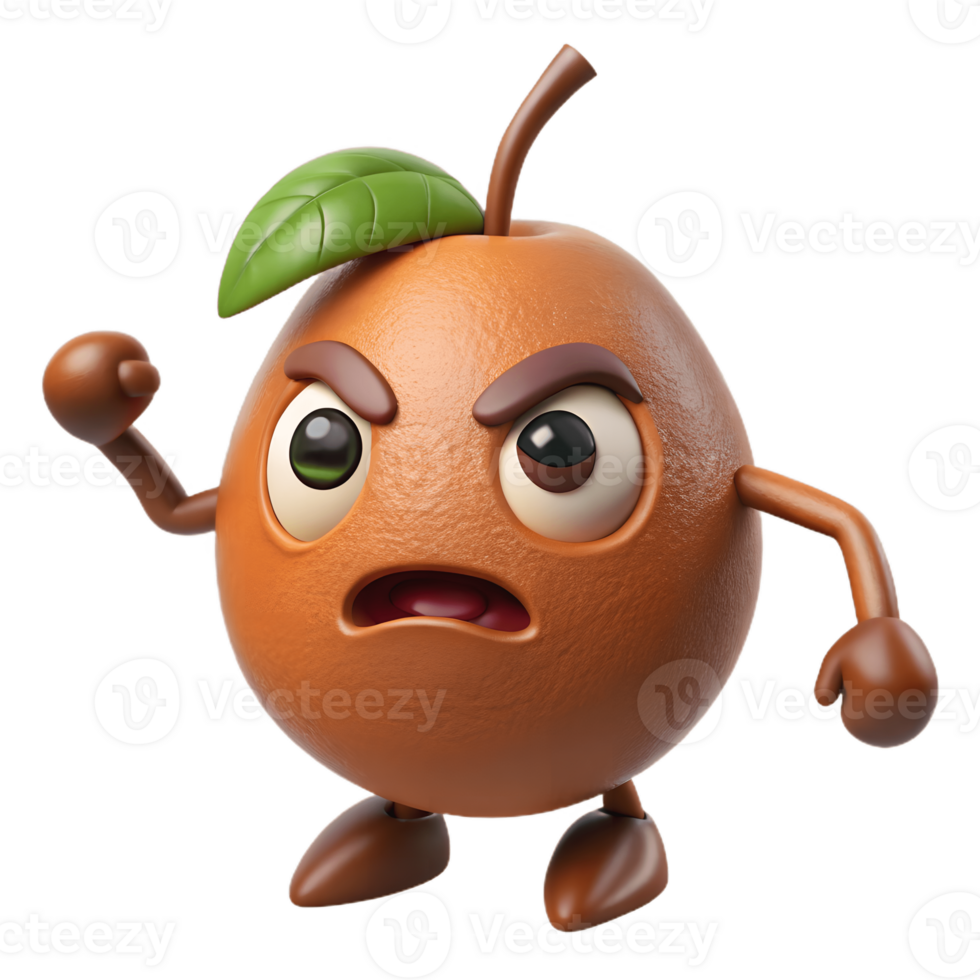 3D Cartoon Sapodilla Character with Angry Expression, Funny Animated Style Isolated on Transparent Background png