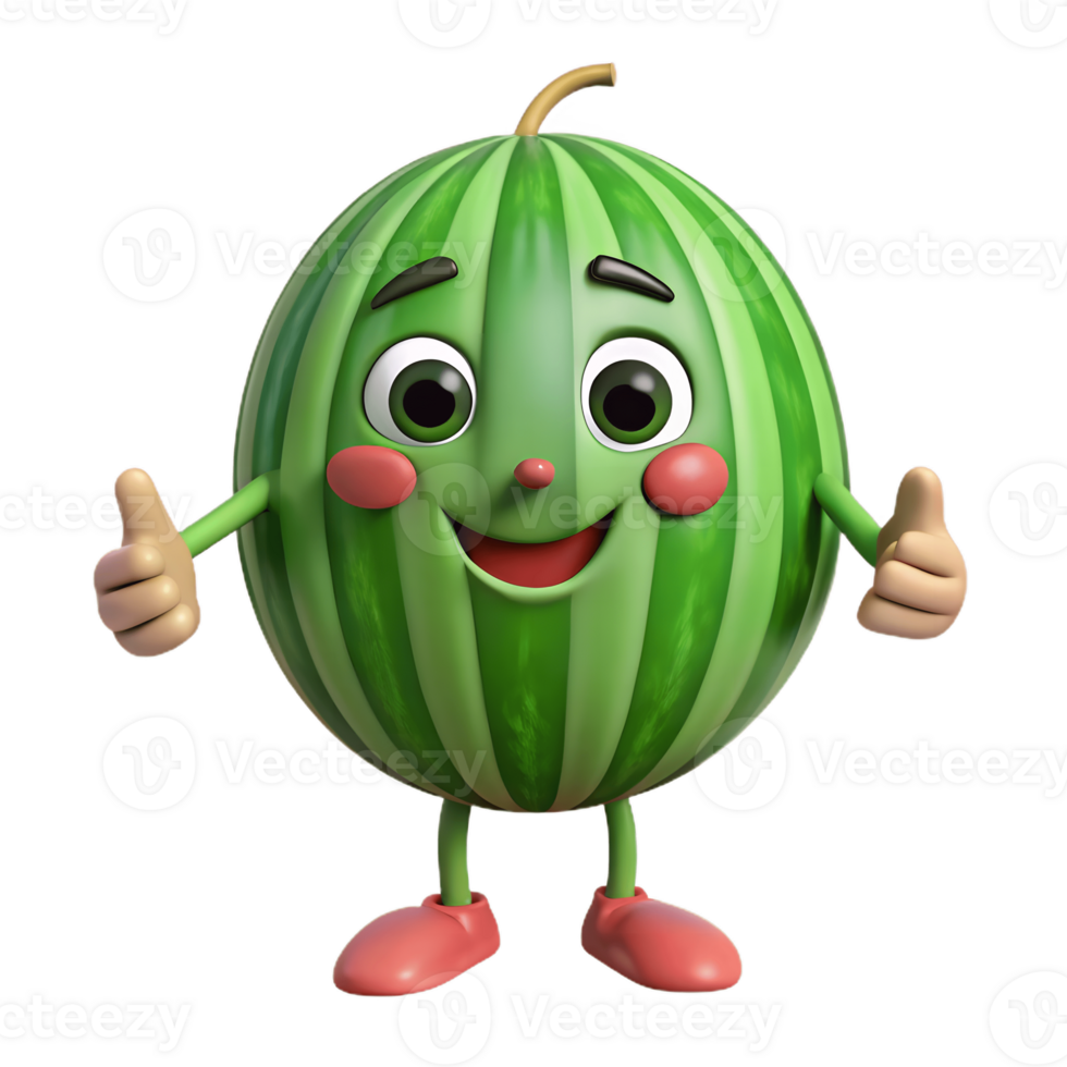 3D Cartoon watermelon Character with smiling Expression, Funny Animated Style Isolated on Transparent Background png