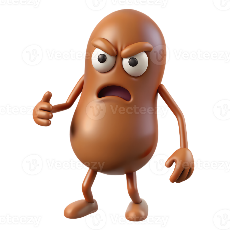 3D Cartoon Tamarind Character with Angry Expression, Funny Animated Style Isolated on Transparent Background png
