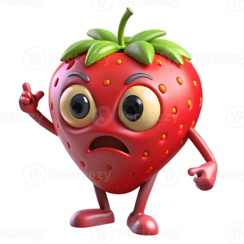 3D Cartoon strawberry Character with Angry Expression, Funny Animated Style Isolated on Transparent Background png