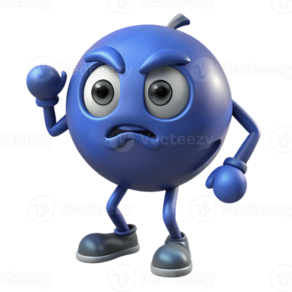 3D Cartoon blueberry Character with Angry Expression, Funny Animated Style Isolated on Transparent Background png