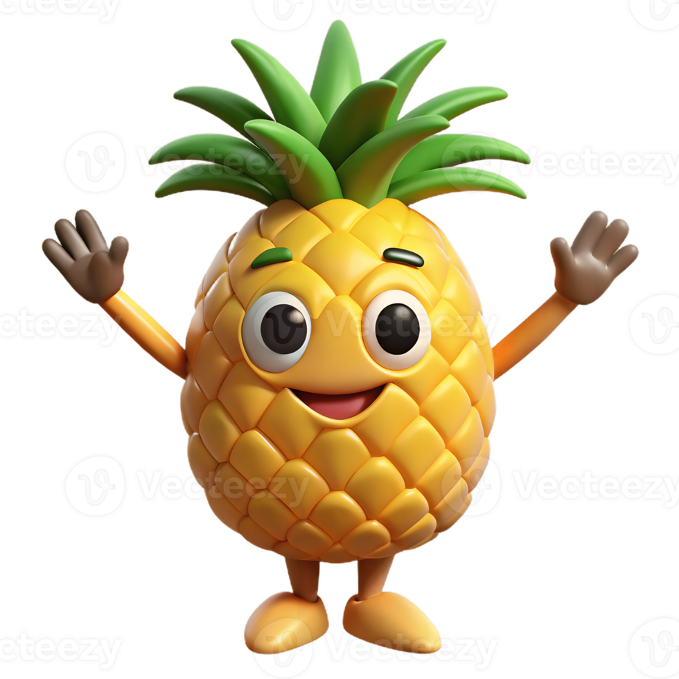 3D Cartoon pineapple Character with smiling Expression, Funny Animated Style Isolated on Transparent Background png