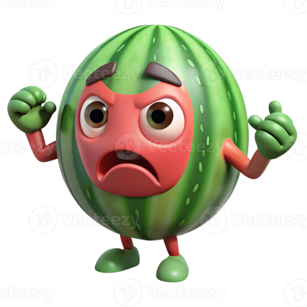 3D Cartoon watermelon Character with Angry Expression, Funny Animated Style Isolated on Transparent Background png