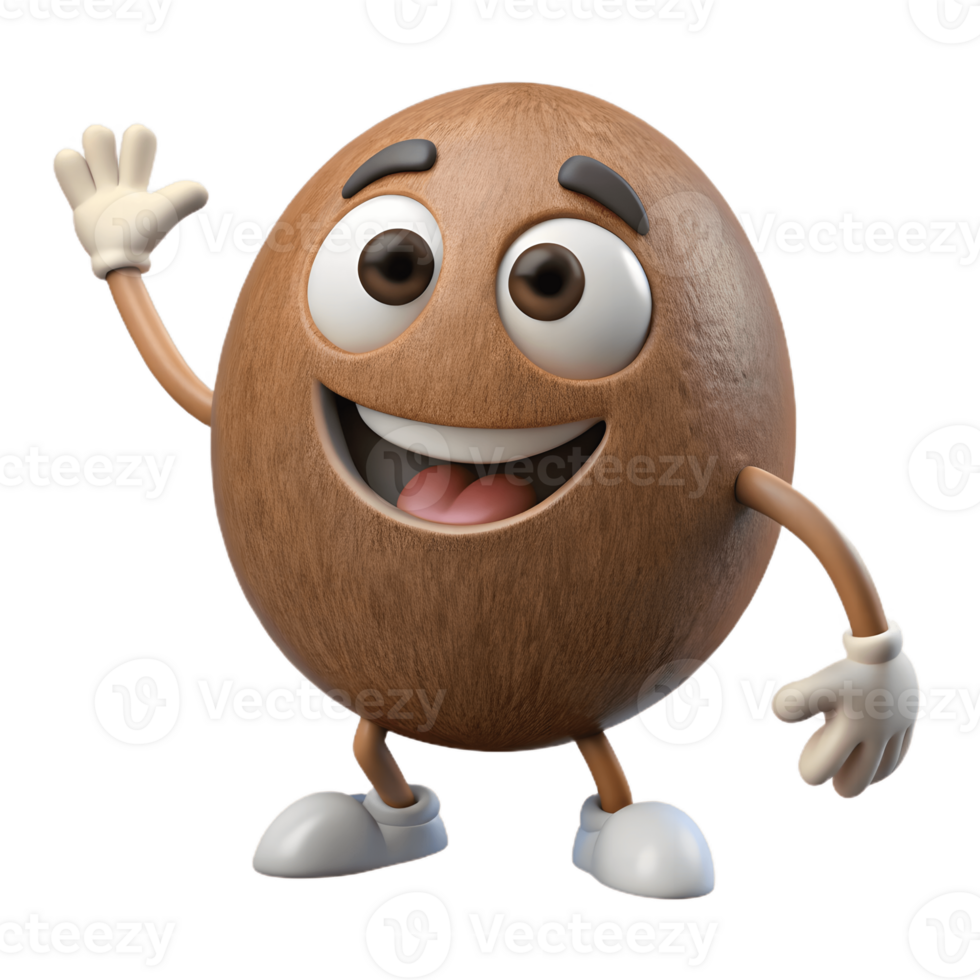 3D Cartoon coconut Character with smiling Expression, Funny Animated Style Isolated on Transparent Background png