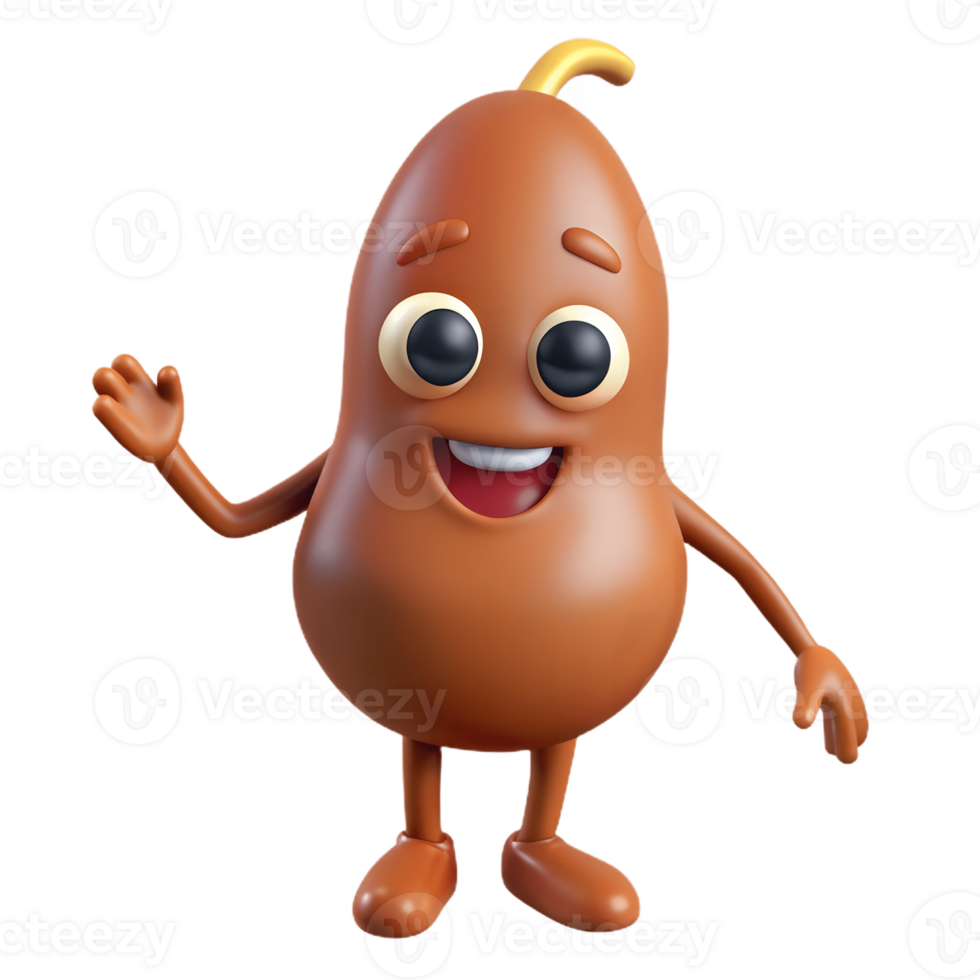3D Cartoon Tamarind Character with Smiling Expression, Funny Animated Style Isolated on Transparent Background png