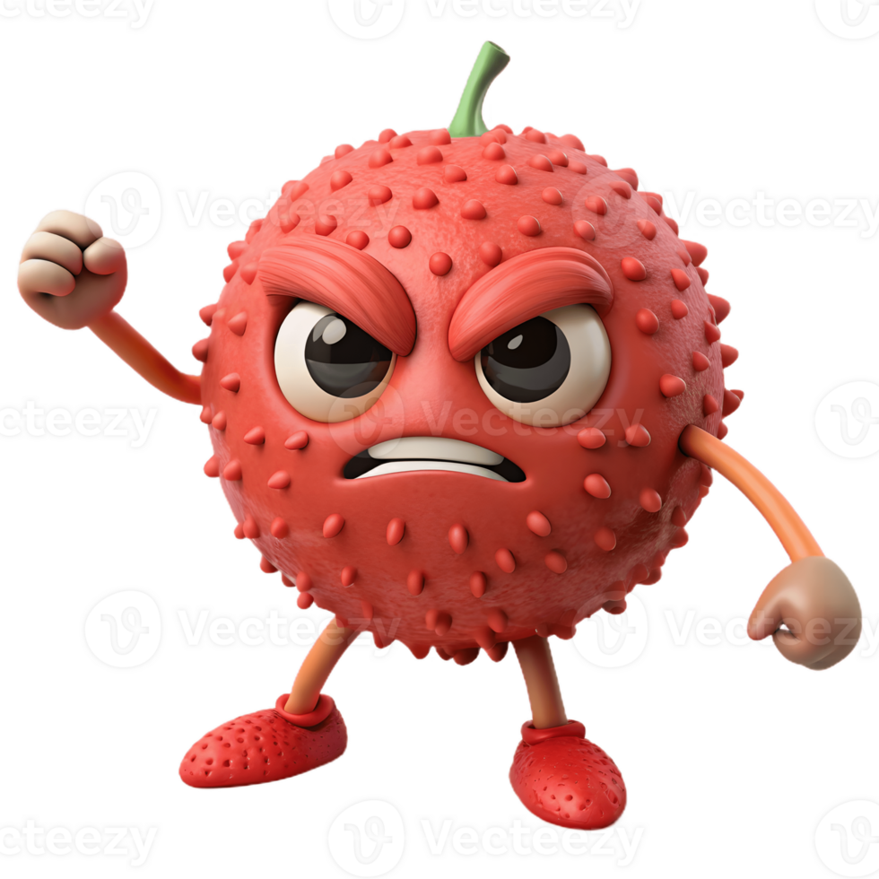 3D Cartoon litchi Character with Angry Expression, Funny Animated Style Isolated on Transparent Background png