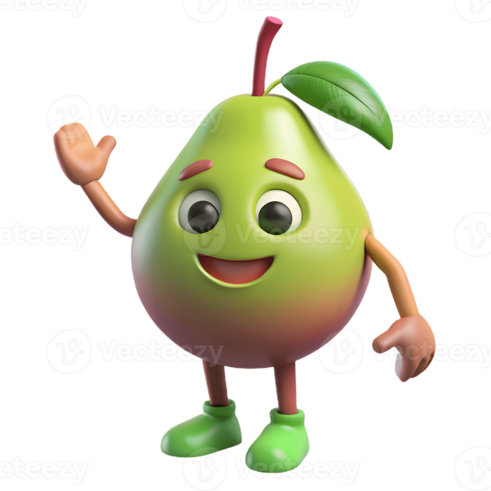 3D Cartoon guava Character with smiling Expression, Funny Animated Style Isolated on Transparent Background png
