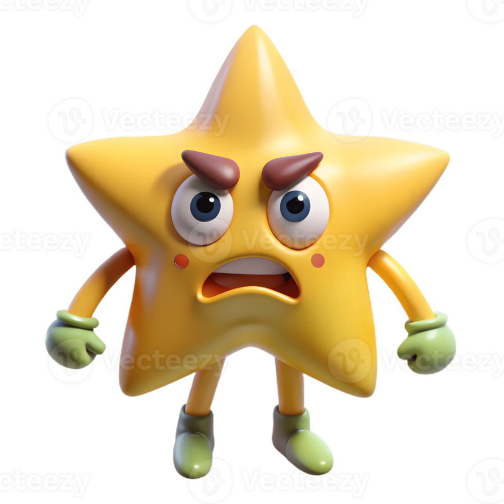 3D Cartoon starfruit Character with Angry Expression, Funny Animated Style Isolated on Transparent Background png