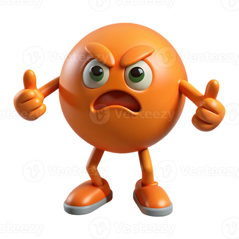 3D Cartoon orange Character with Angry Expression, Funny Animated Style Isolated on Transparent Background png