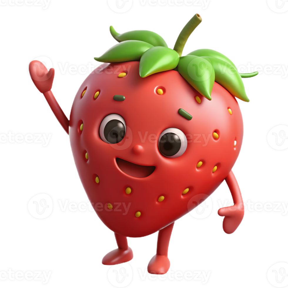 3D Cartoon strawberry Character with smiling Expression, Funny Animated Style Isolated on Transparent Background png