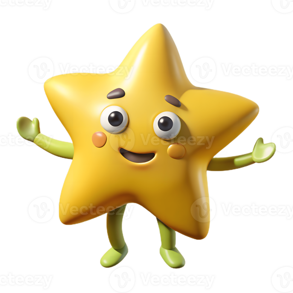 3D Cartoon starfruit Character with smiling Expression, Funny Animated Style Isolated on Transparent Background png