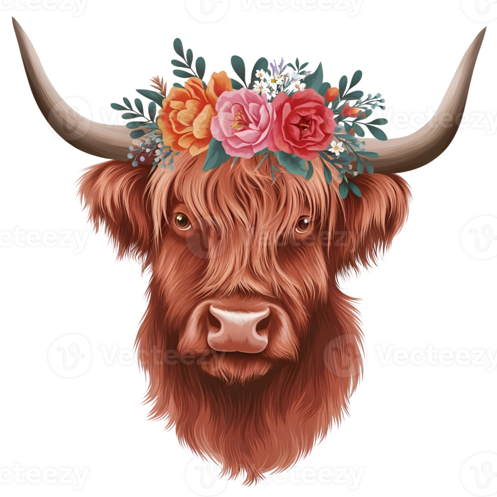 Highland cow with long horns png