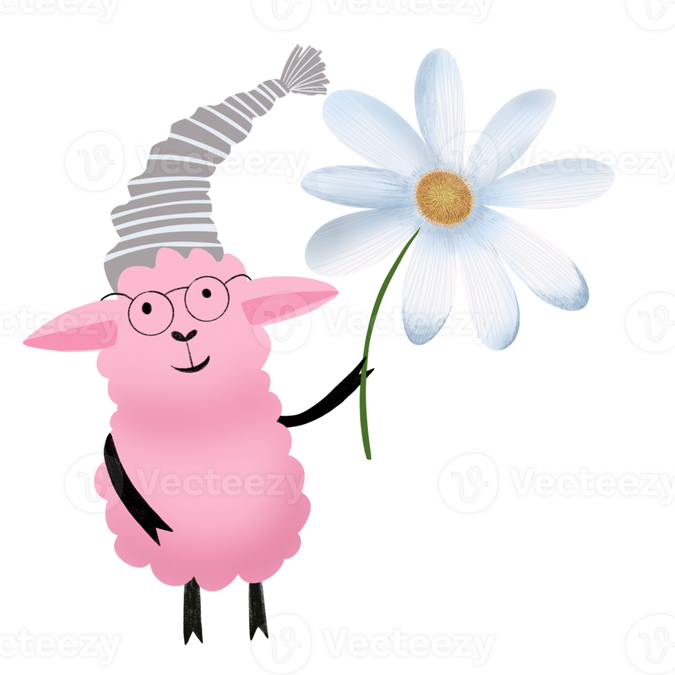 A pink lamb in a hat with a daisy. Watercolor illustration using colored pencils for children png
