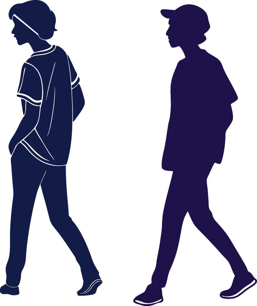 two silhouettes of people walking in different directions vector