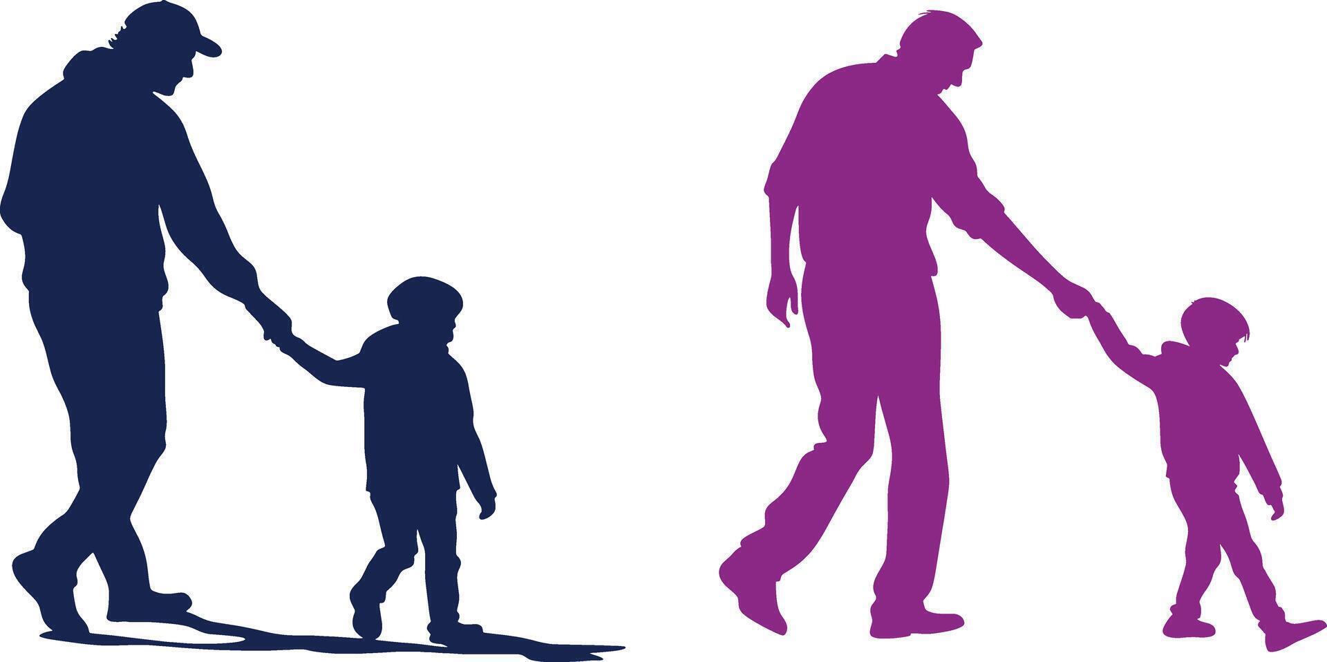 silhouettes of a man and a child walking together vector