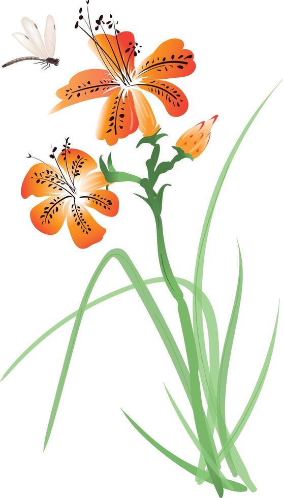 Daylily plant with a dragonfly digital artwork inspired by Chinese ink brushstroke style vector