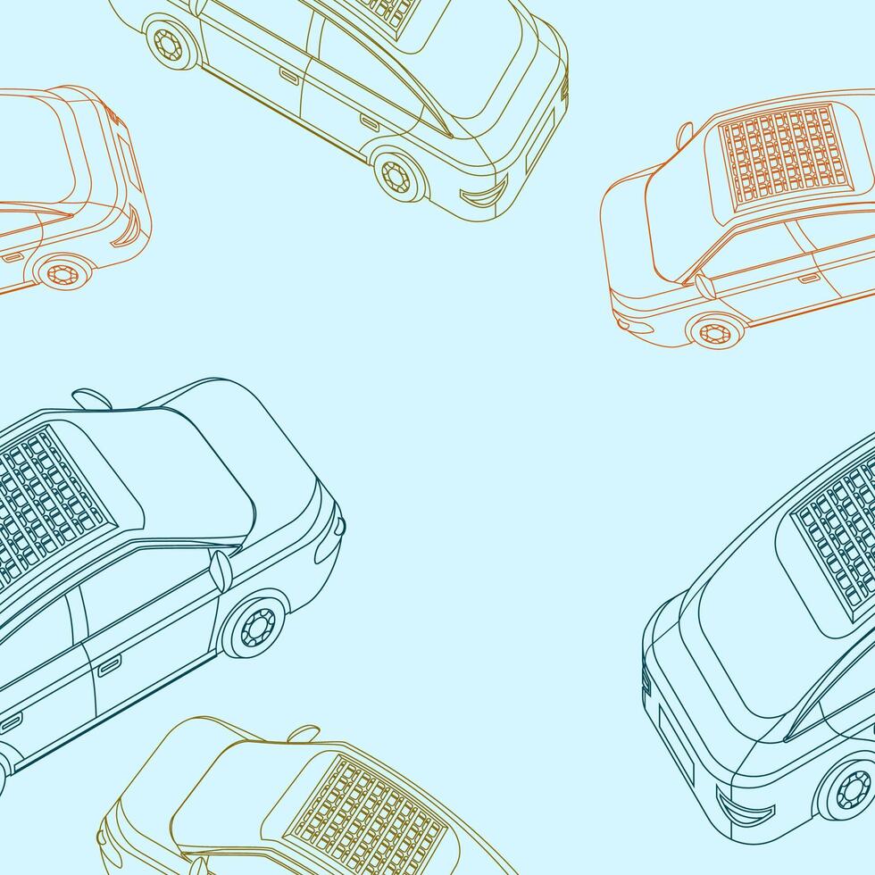 Editable Outline Top Oblique Back View Electric Cars With Solar Panel Vectorized Illustration Seamless Pattern for Background of Futuristic Eco-friendly Vehicle Green Life or Renewable Energy Campaign vector