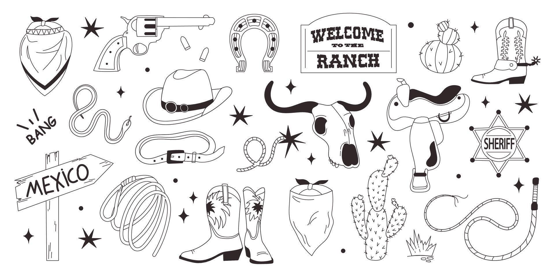 Wild west doodle set. Cowboy theme. Cute set of hand drawn cowboy elements. Collection of different stickers with skull, hat, gun, snake, ashtray. Stock isolated illustration. vector