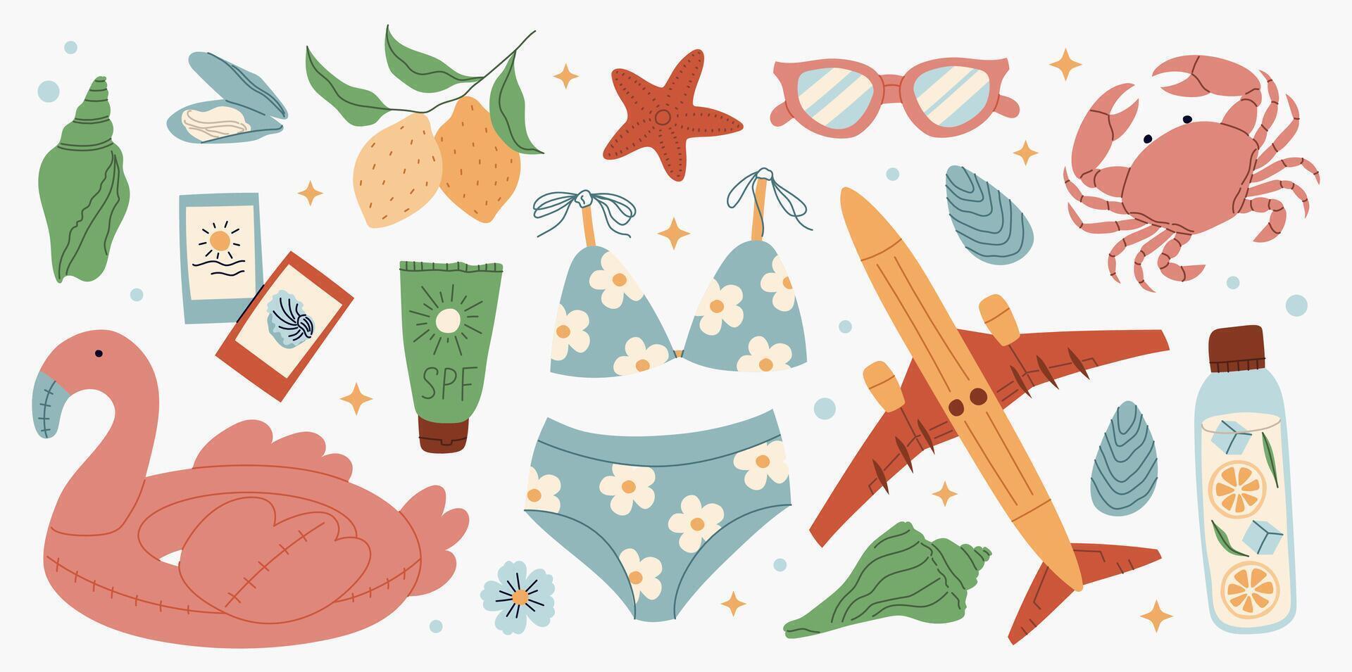 Summer big set for sticker. Icons, signs, banners. Bright summertime poster. Collection elements for summer holiday. vector