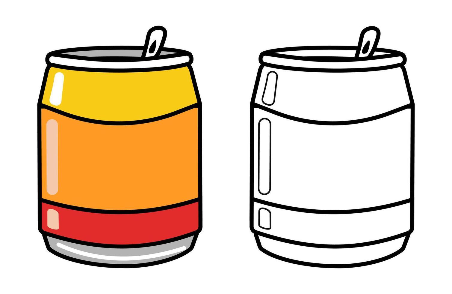 A vibrant cartoon illustration of two Soda Cans one colored and one in a line art style. vector