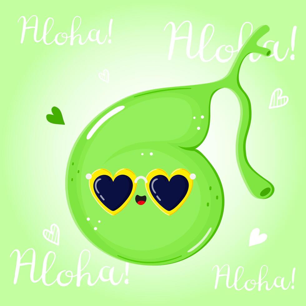 Cute funny Gallbladder character. hand drawn cartoon kawaii character illustration icon. Isolated on green background. Gallbladder character concept. Aloha card vector