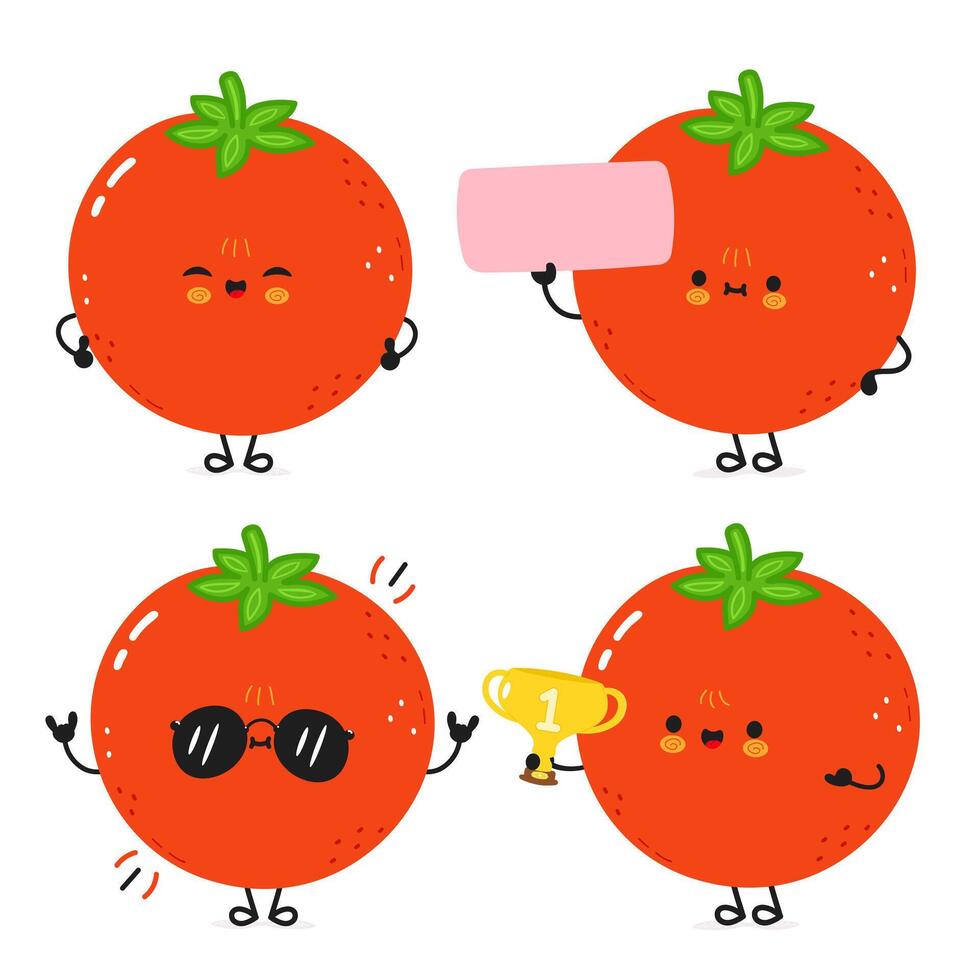 Four adorable cartoon Tomatoes displaying different expressions with props on a white background. vector