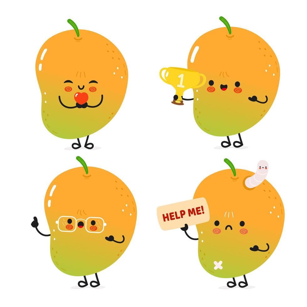 Charming Mango characters show different moods celebrating, being helpful, and experiencing different scenarios. vector