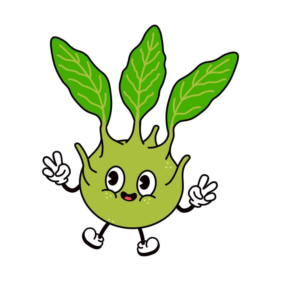 Adorable Kohlrabi cartoon character strikes a cheerful pose with peace sign gestures on a white background.sign. Isolated white background vector